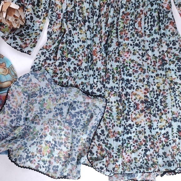 Anthropologie Bhanuni Multicolored Teal Black Floral Sheer Dress Sz 2 Pe… - Picture 3 of 12